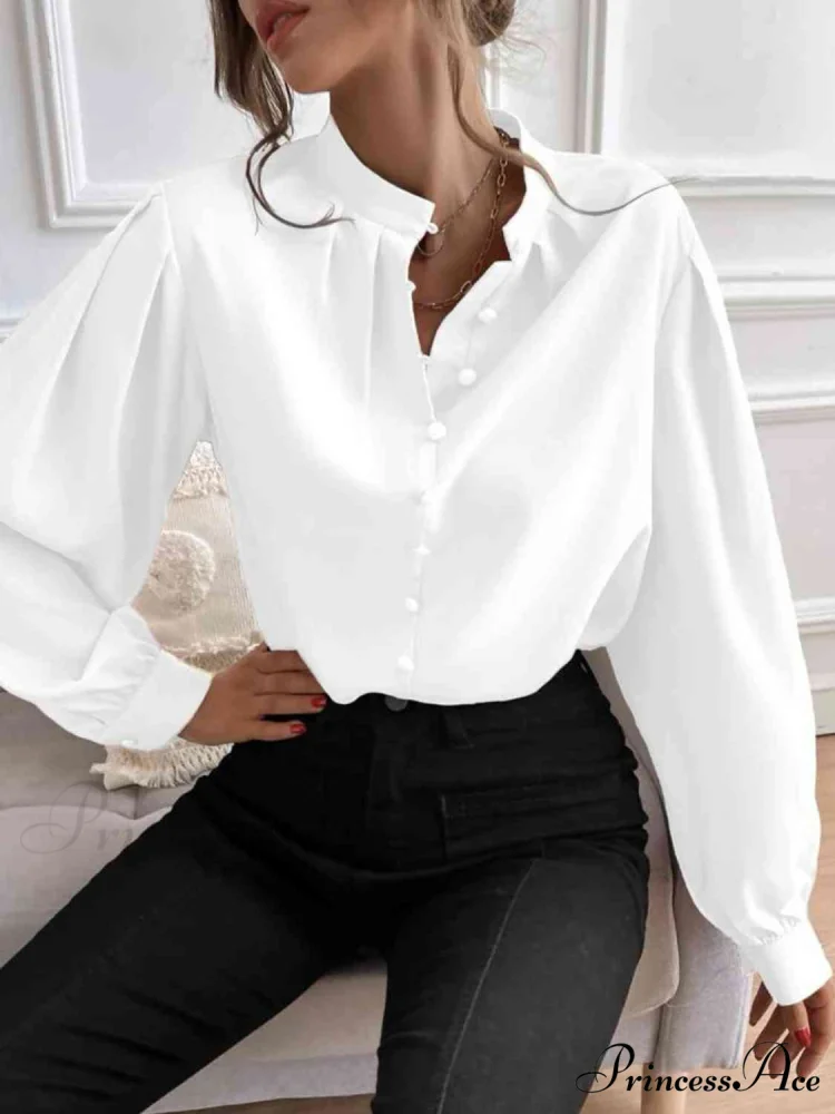 with Blouse Long Front Arm Button Mock Neck - Image 2