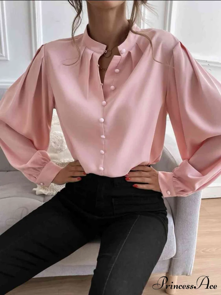 with Blouse Long Front Arm Button Mock Neck - Image 3