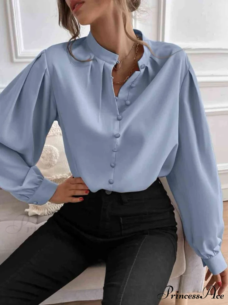 with Blouse Long Front Arm Button Mock Neck - Image 4