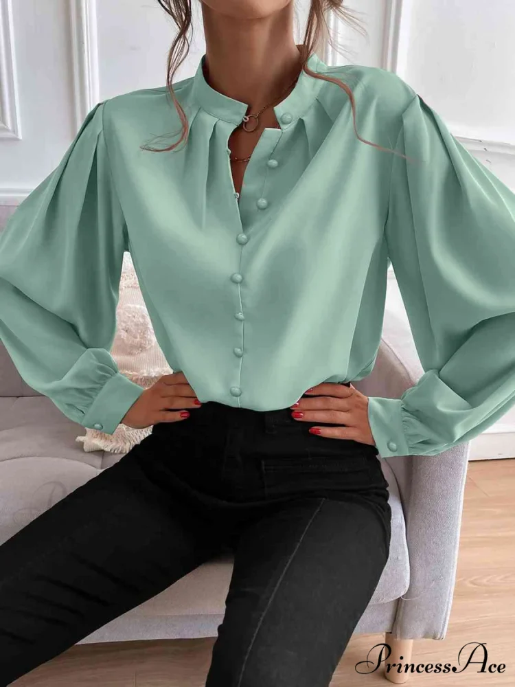 with Blouse Long Front Arm Button Mock Neck - Image 6