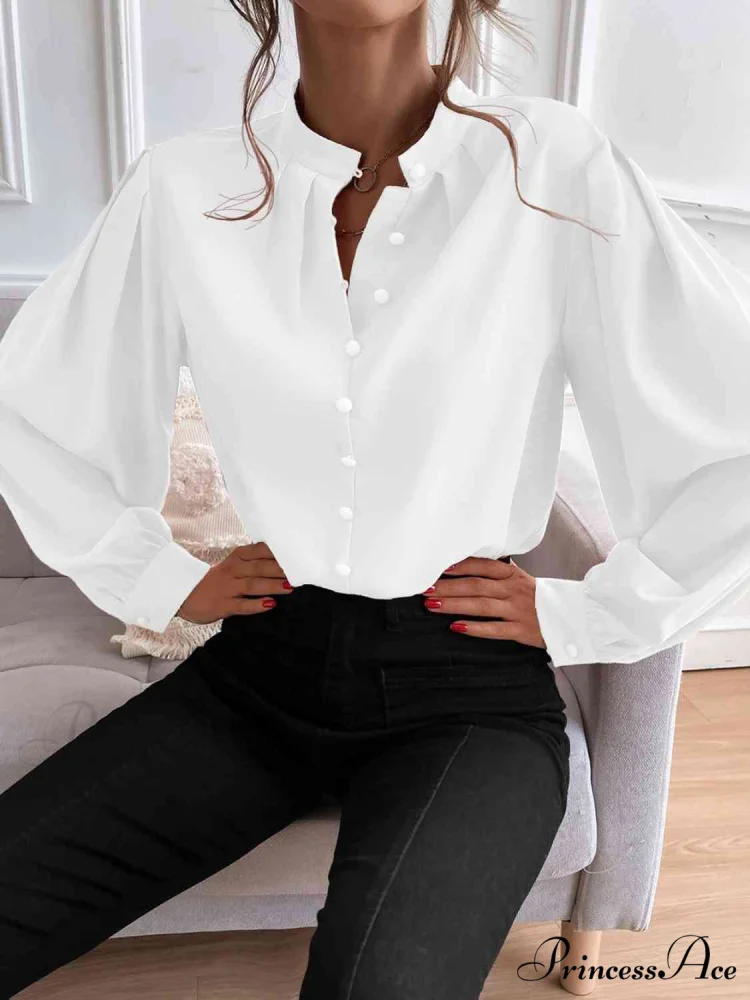 with Blouse Long Front Arm Button Mock Neck - Image 7