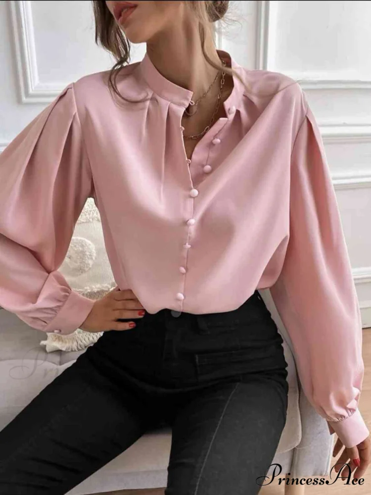 with Blouse Long Front Arm Button Mock Neck - Image 9