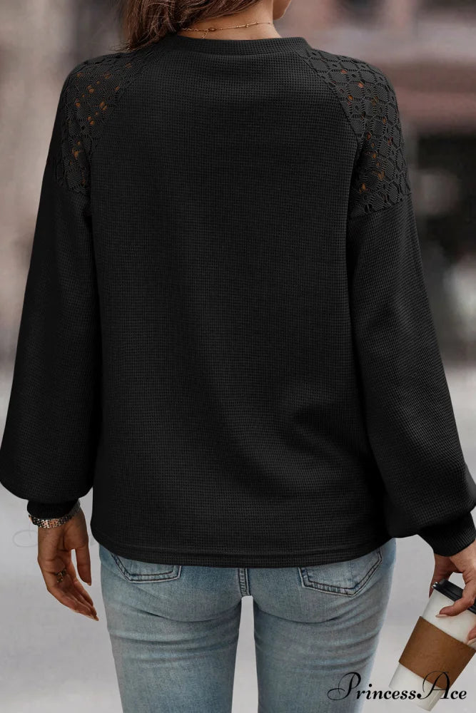 Lace Arm Textured Top Long for Casual Black Women - Image 2