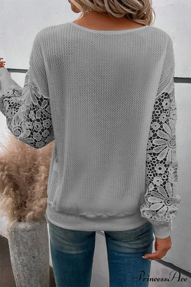 Neck V Puff Gray Lace Arm Top - Image 2