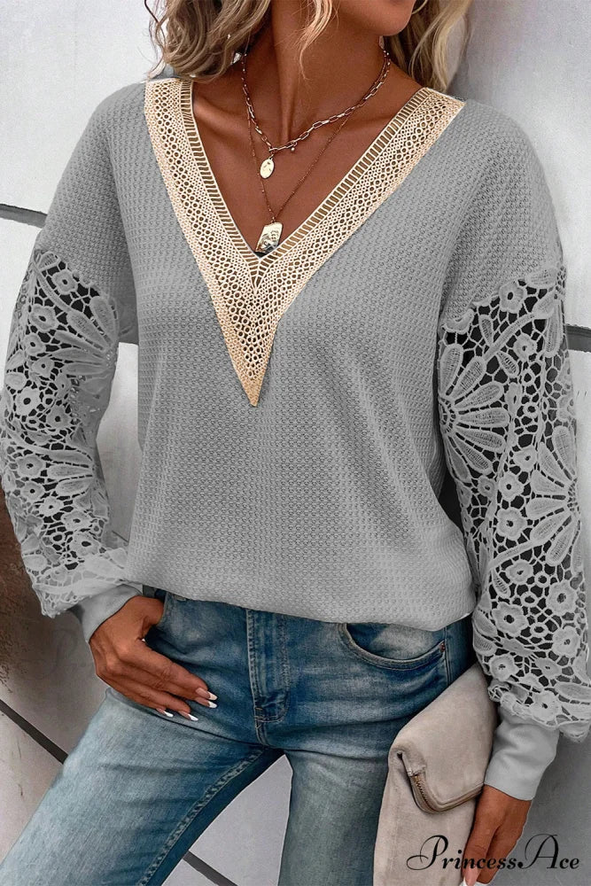 Neck V Puff Gray Lace Arm Top - Image 3