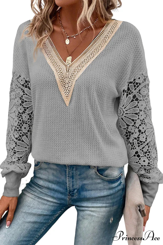Neck V Puff Gray Lace Arm Top - Image 4