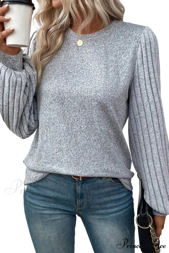 Gray Ribbed Bishop Arm Top with Contrast - Image 7
