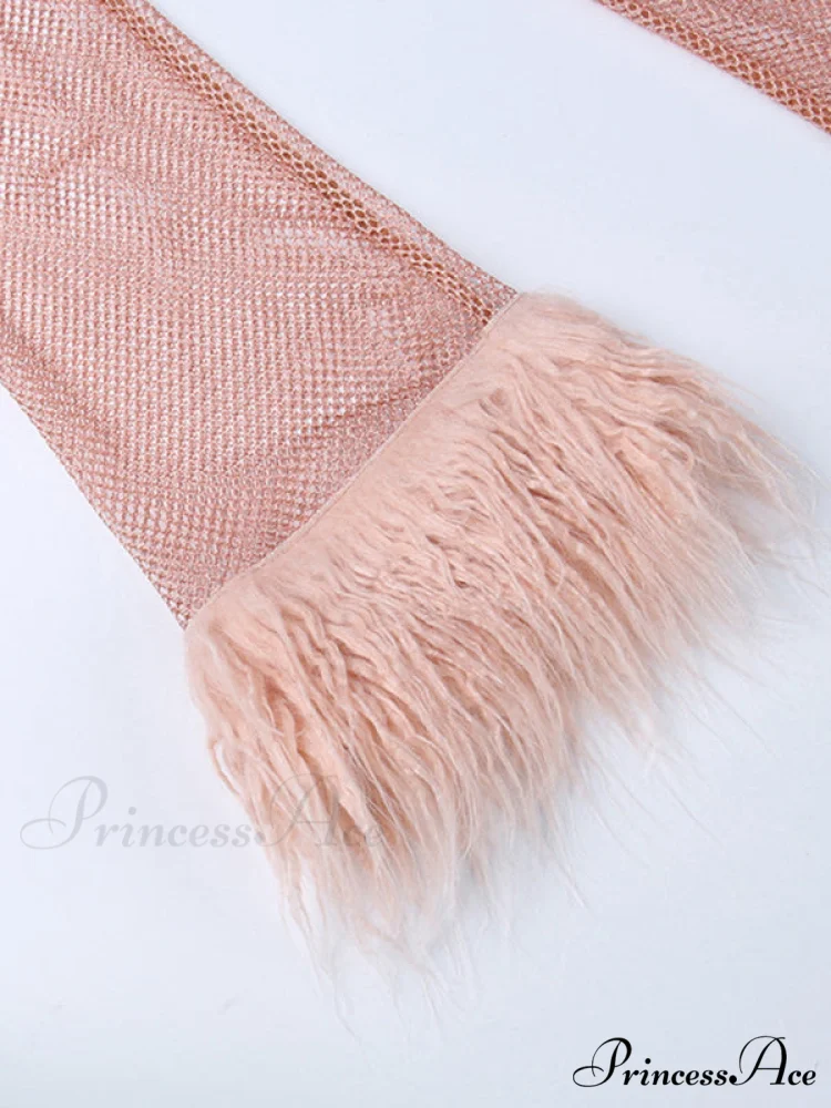 Round Splicing Neck Furry Hollow Mesh Glitter Arm Women's See-through Long Dress - Image 4