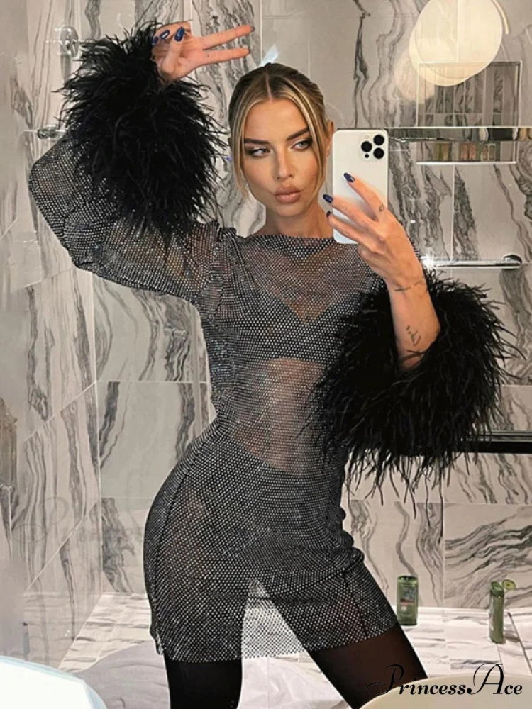 Round Splicing Neck Furry Hollow Mesh Glitter Arm Women's See-through Long Dress - Image 9