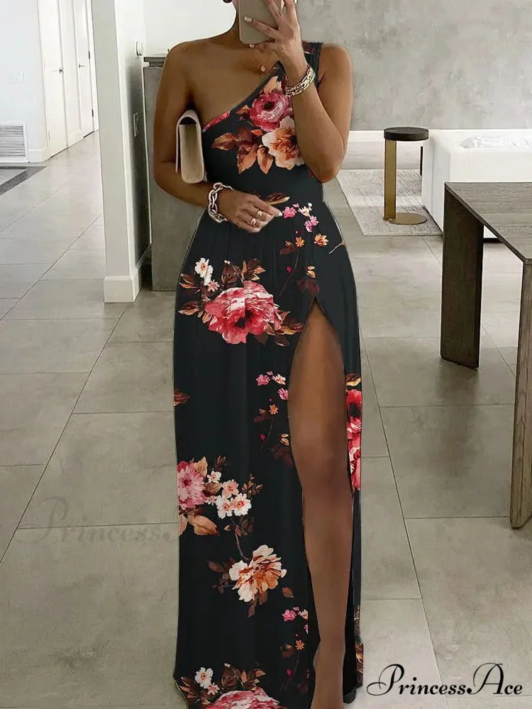 Block High One-Shoulder Elegant Gown Party Club Women Slit Design Trends Fashion Long Gown 2024 Slim Dresses - Image 2