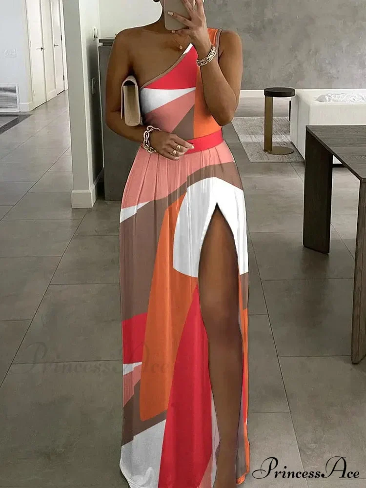 Block High One-Shoulder Elegant Gown Party Club Women Slit Design Trends Fashion Long Gown 2024 Slim Dresses - Image 3