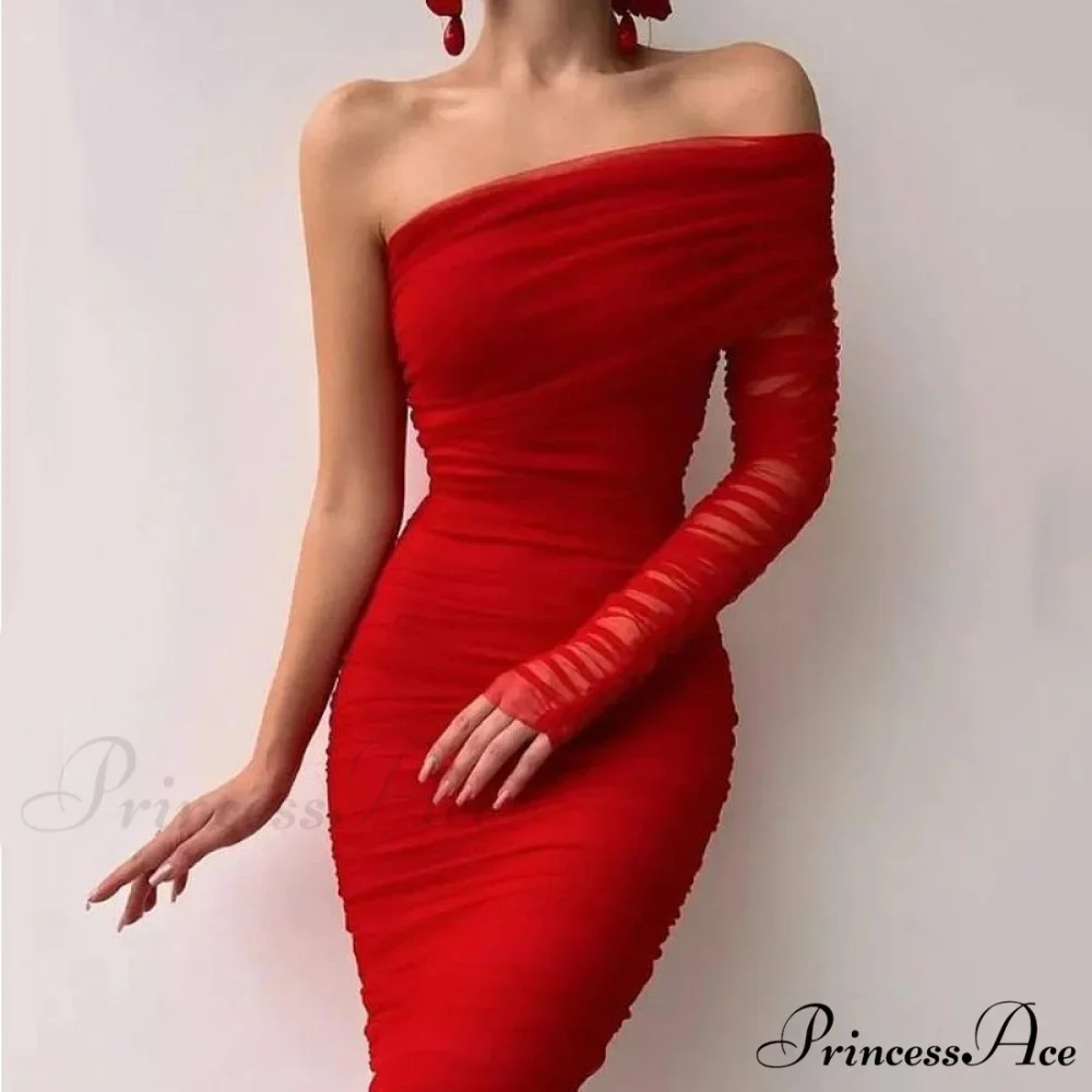Party Mesh Elegant One Long Shoulder Arm Dress - Image 2