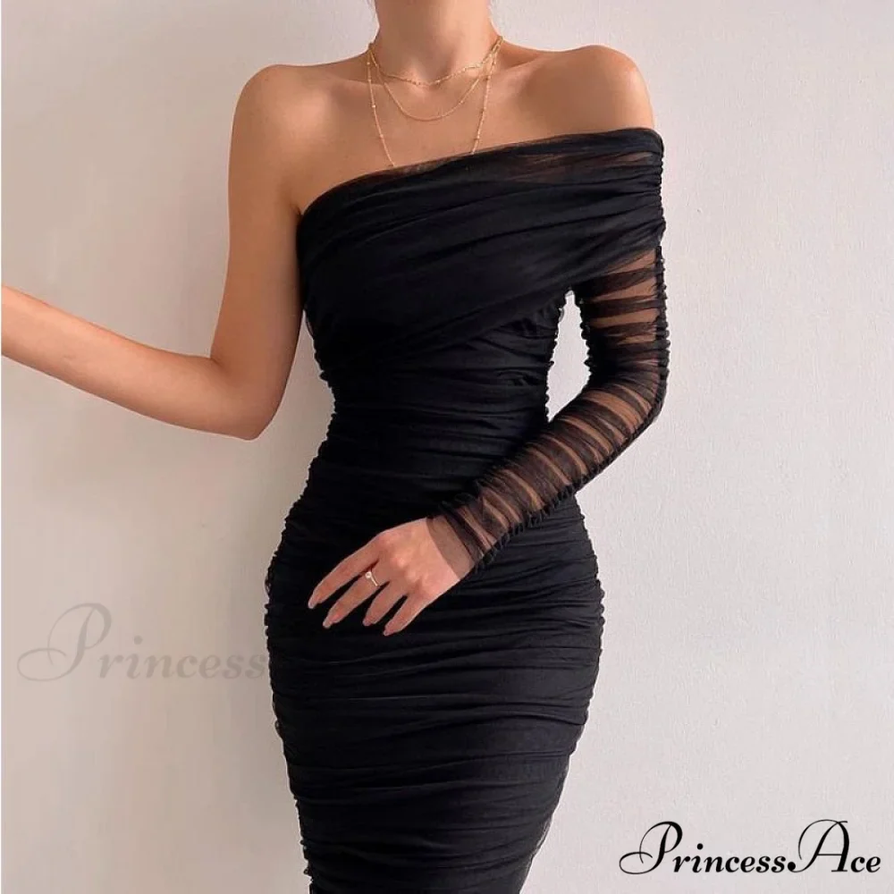 Party Mesh Elegant One Long Shoulder Arm Dress - Image 3