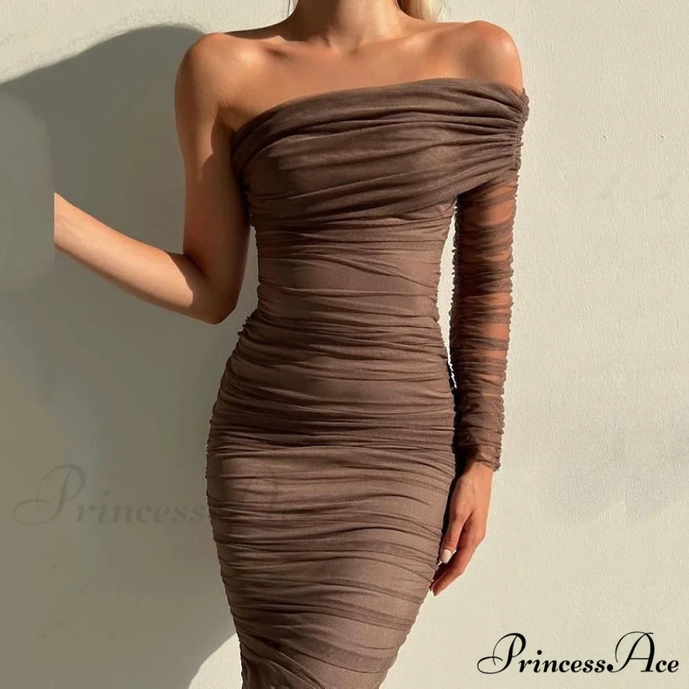 Party Mesh Elegant One Long Shoulder Arm Dress - Image 4