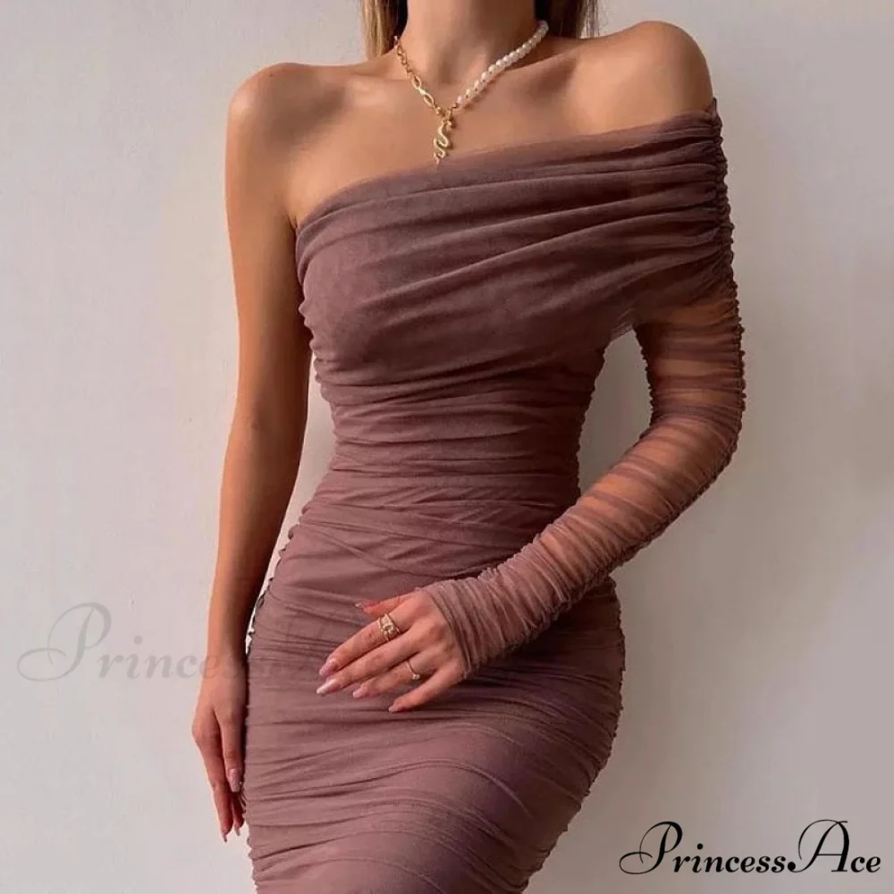 Party Mesh Elegant One Long Shoulder Arm Dress - Image 5