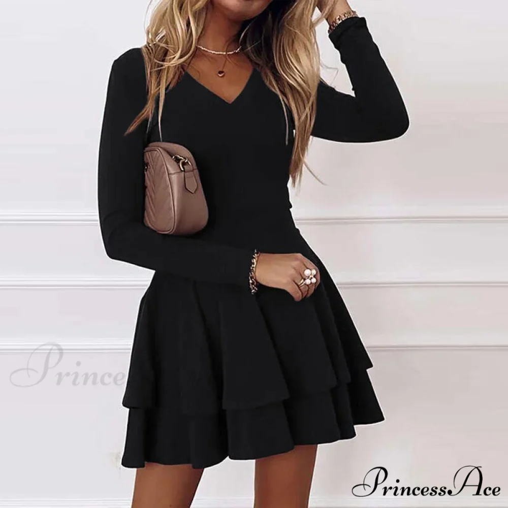 Solid Elegant Women's - Ruffle Fashion Gown - V-neck Long Arm A-Line Party Color Dress - Image 2