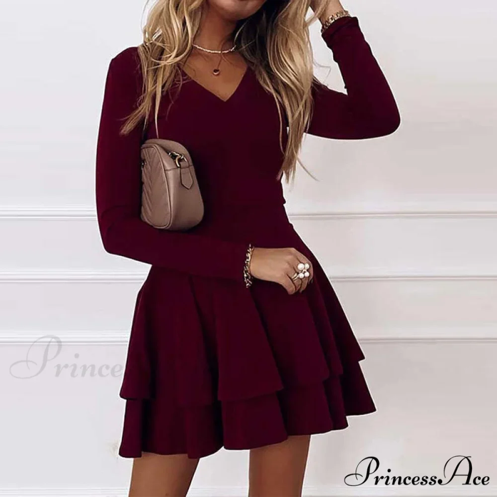 Solid Elegant Women's - Ruffle Fashion Gown - V-neck Long Arm A-Line Party Color Dress - Image 3