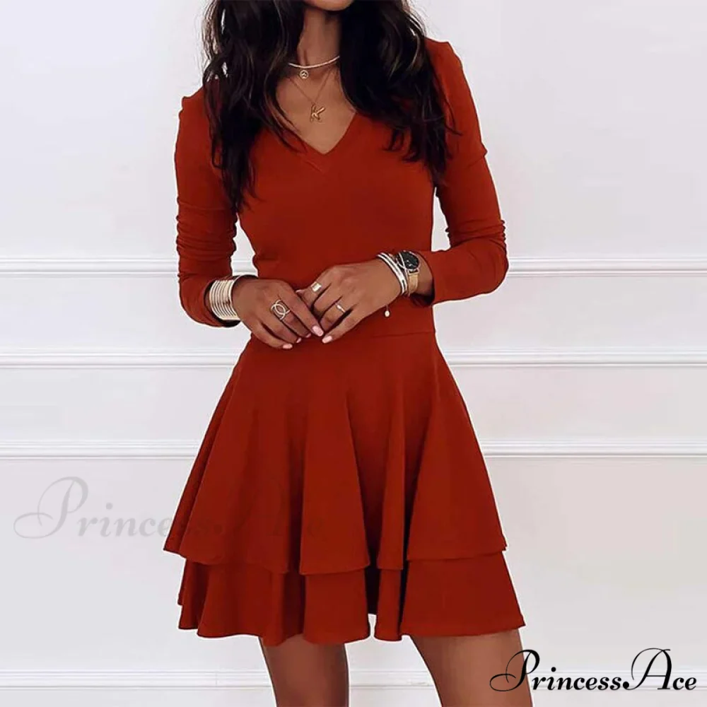 Solid Elegant Women's - Ruffle Fashion Gown - V-neck Long Arm A-Line Party Color Dress - Image 5