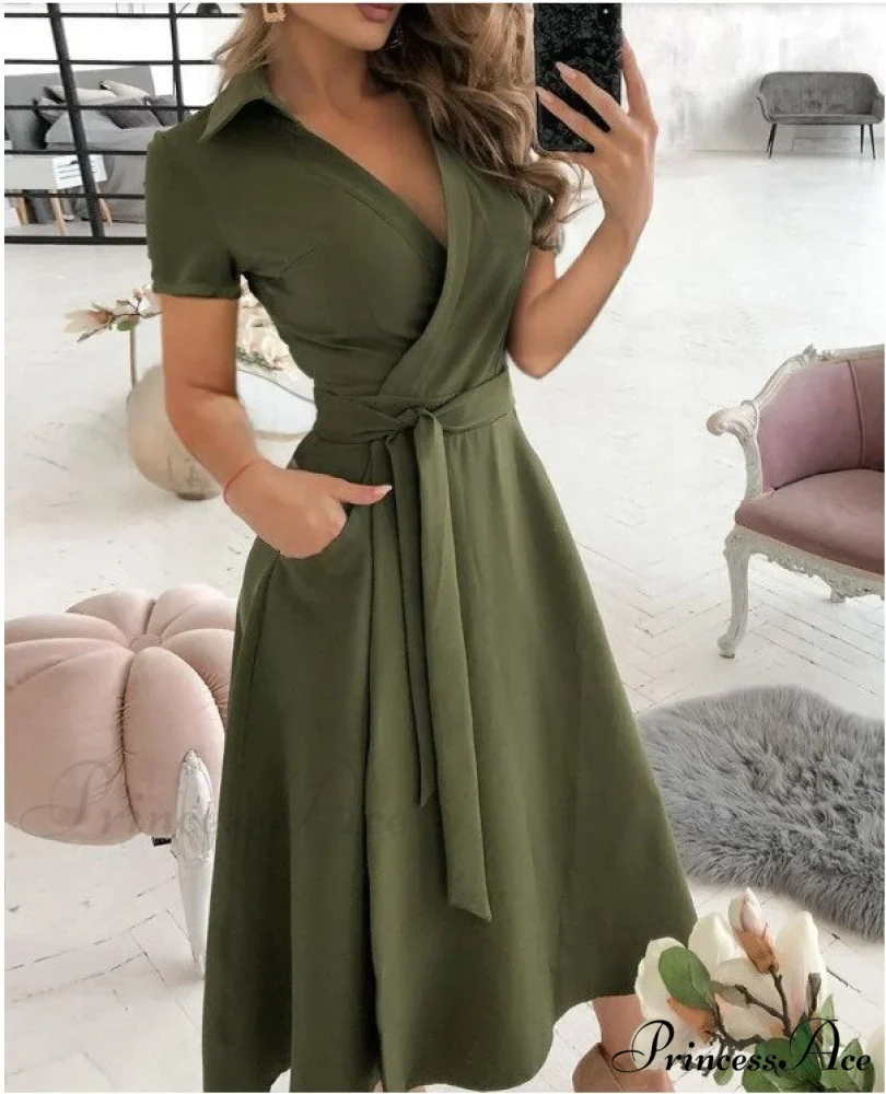 Warm-Season Retro Short-sleeved V-neck Gown Party Spring Patterned Fashion Belt - Image 10