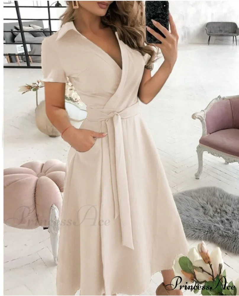 Warm-Season Retro Short-sleeved V-neck Gown Party Spring Patterned Fashion Belt - Image 11