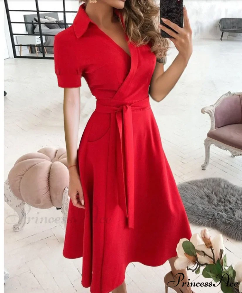 Warm-Season Retro Short-sleeved V-neck Gown Party Spring Patterned Fashion Belt - Image 12