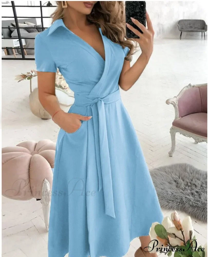 Warm-Season Retro Short-sleeved V-neck Gown Party Spring Patterned Fashion Belt - Image 2