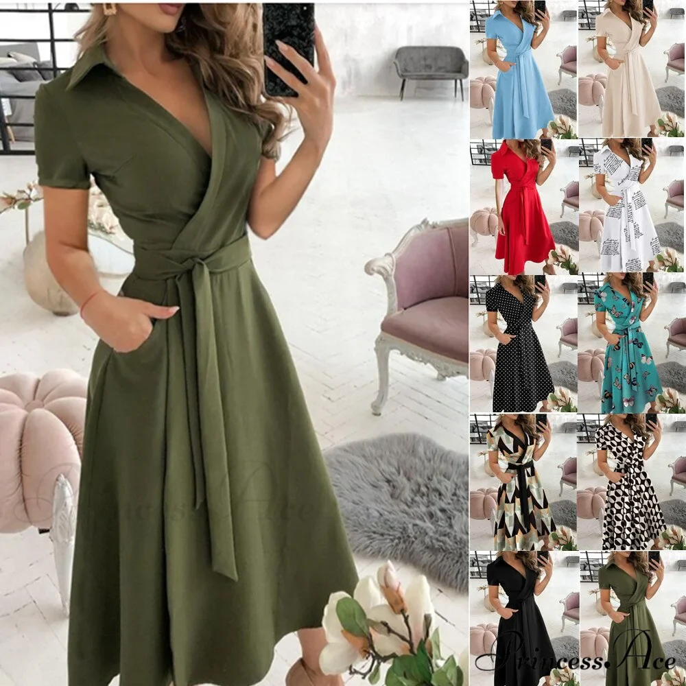 Warm-Season Retro Short-sleeved V-neck Gown Party Spring Patterned Fashion Belt - Image 3