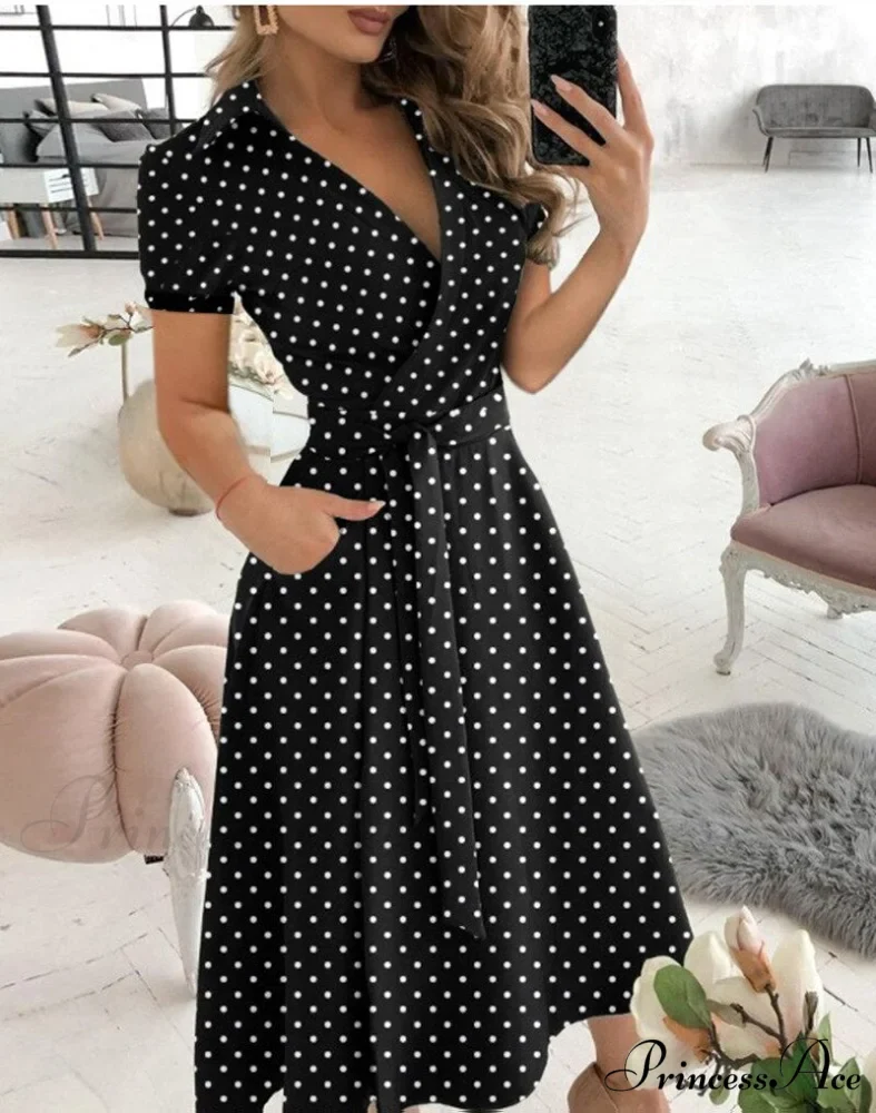 Warm-Season Retro Short-sleeved V-neck Gown Party Spring Patterned Fashion Belt - Image 4
