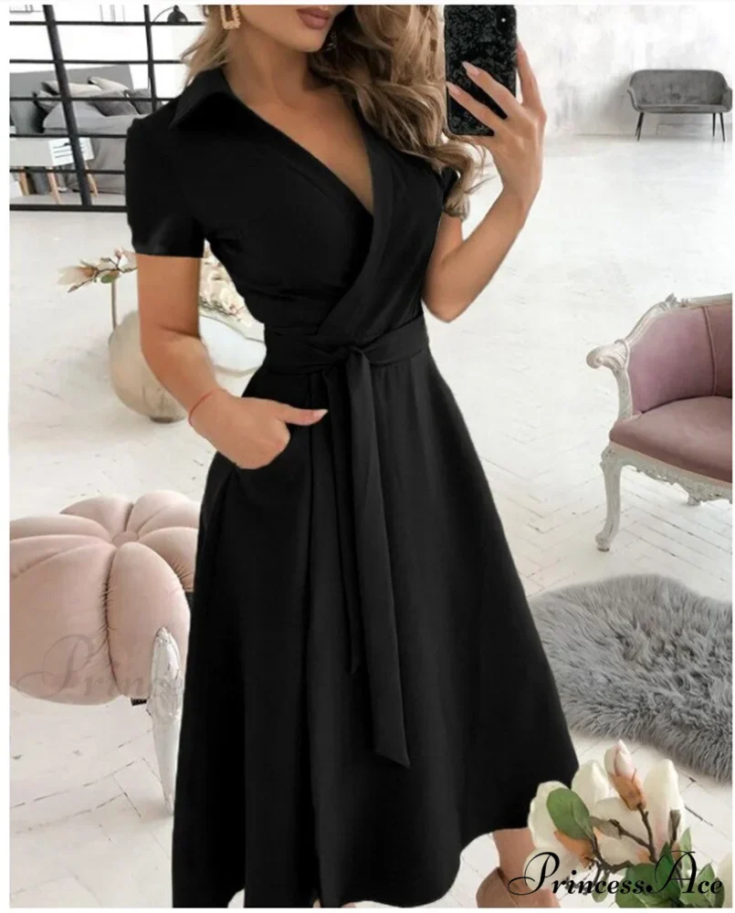 Warm-Season Retro Short-sleeved V-neck Gown Party Spring Patterned Fashion Belt - Image 5