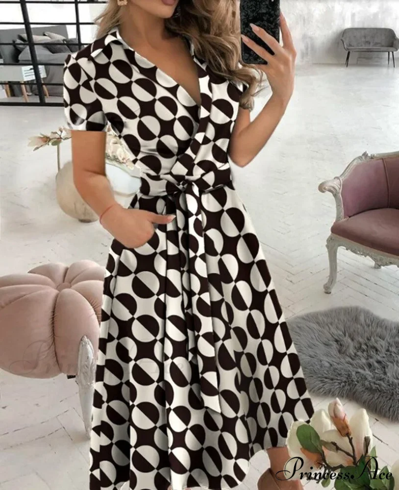 Warm-Season Retro Short-sleeved V-neck Gown Party Spring Patterned Fashion Belt - Image 6