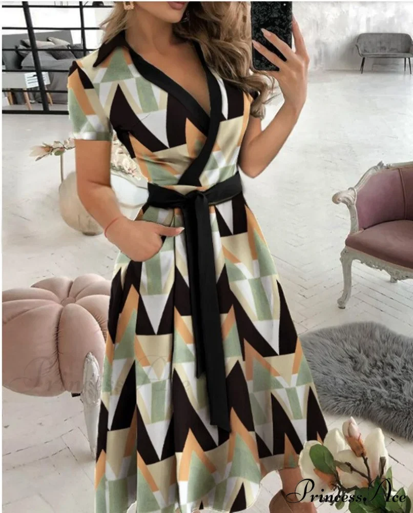 Warm-Season Retro Short-sleeved V-neck Gown Party Spring Patterned Fashion Belt - Image 7