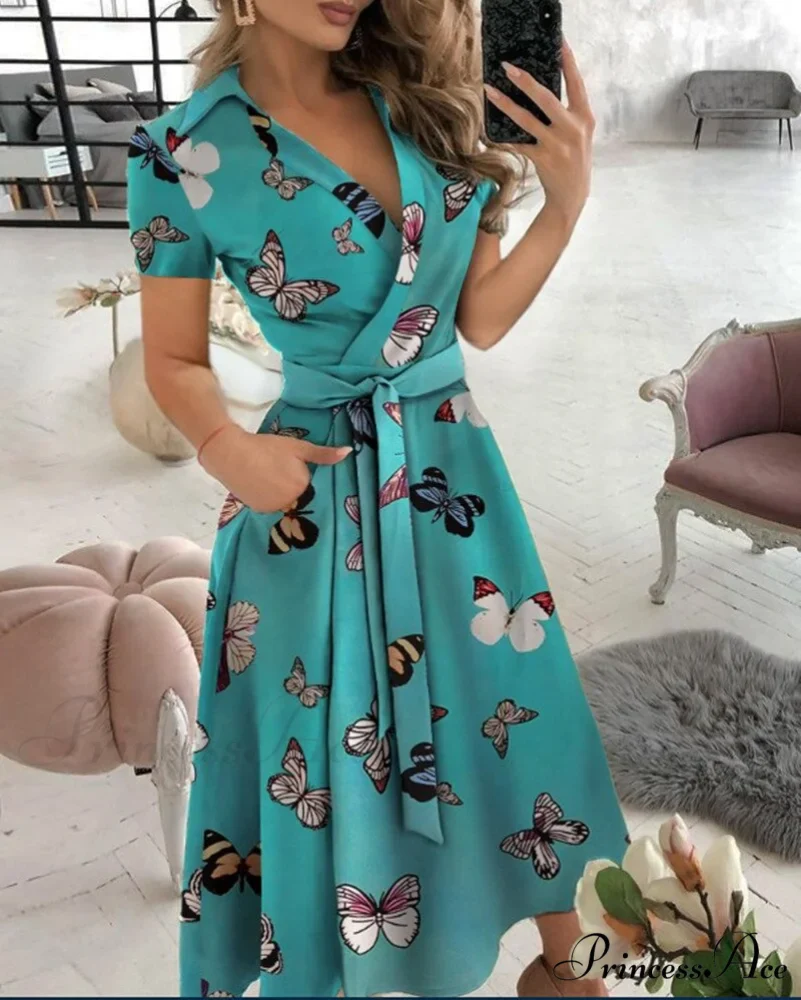 Warm-Season Retro Short-sleeved V-neck Gown Party Spring Patterned Fashion Belt - Image 9
