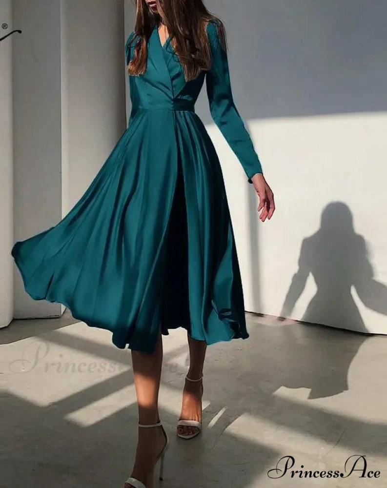 with Autumn Gown Neckline Elegant Folded Satin - Suit Women's Waist Parties Midi Swing for Bandage Vestidos - Image 2