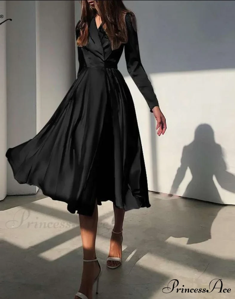 with Autumn Gown Neckline Elegant Folded Satin - Suit Women's Waist Parties Midi Swing for Bandage Vestidos - Image 3