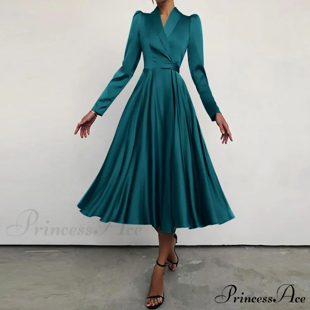 with Autumn Gown Neckline Elegant Folded Satin - Suit Women's Waist Parties Midi Swing for Bandage Vestidos - Image 6