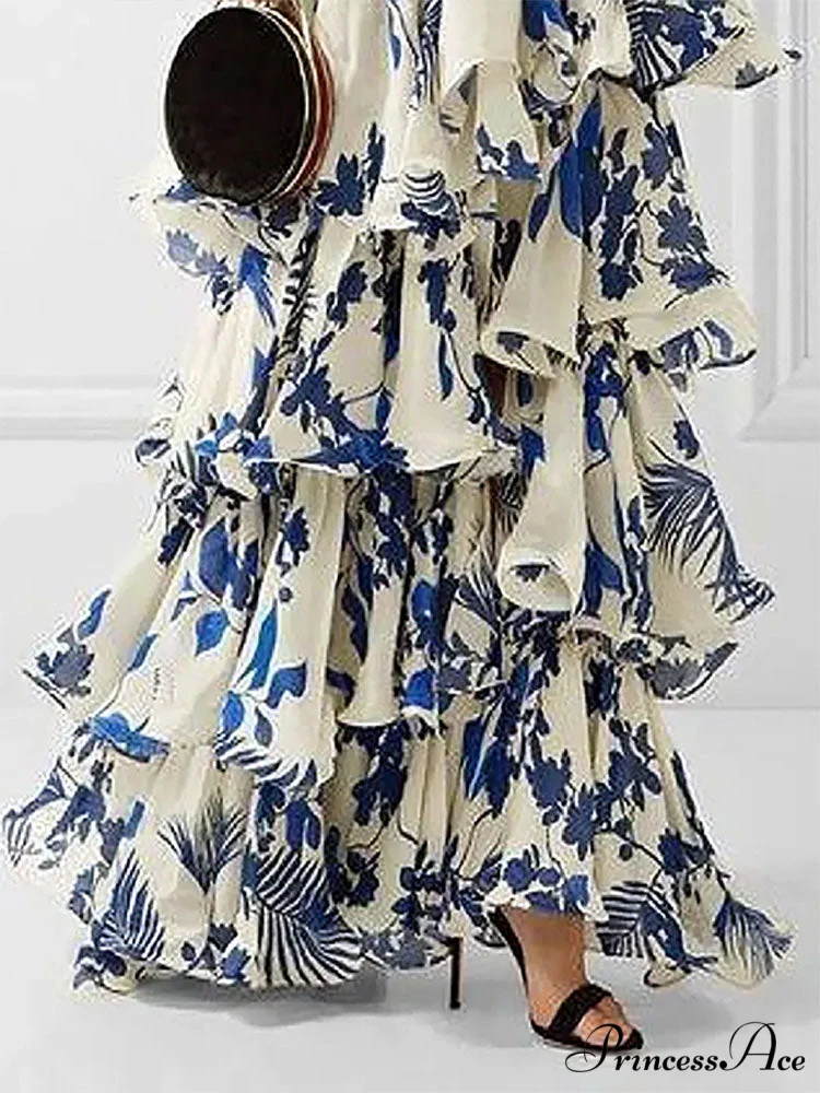 Ruffled Aesthetic Sleeveless for Women's with - Party Vestidos Neck-mounted Hem Formal Elegant Patterned Layered Evening Wear Design Dress - Image 3