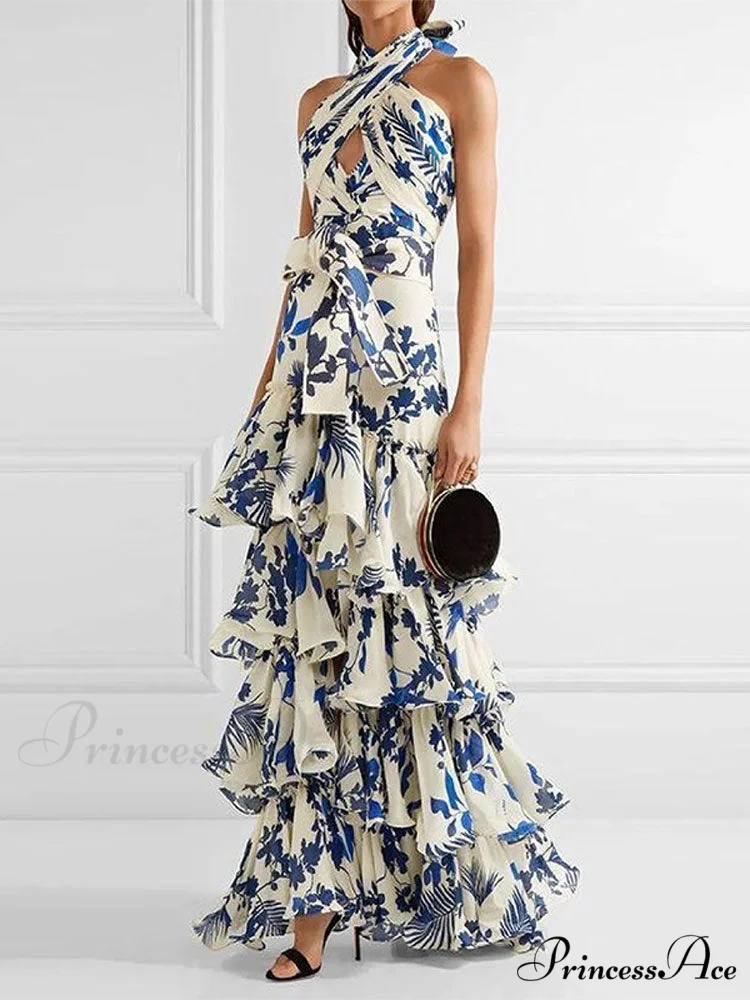 Ruffled Aesthetic Sleeveless for Women's with - Party Vestidos Neck-mounted Hem Formal Elegant Patterned Layered Evening Wear Design Dress - Image 4
