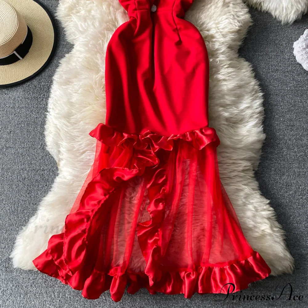 Women Sexy Female Dresses Patchwork Bodycon Strapless Gown Red Mesh Party Dinner Slim Strap Warm-Season Long Spaghetti Dress - Image 12