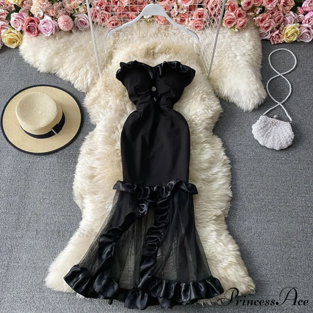 Women Sexy Female Dresses Patchwork Bodycon Strapless Gown Red Mesh Party Dinner Slim Strap Warm-Season Long Spaghetti Dress - Image 3