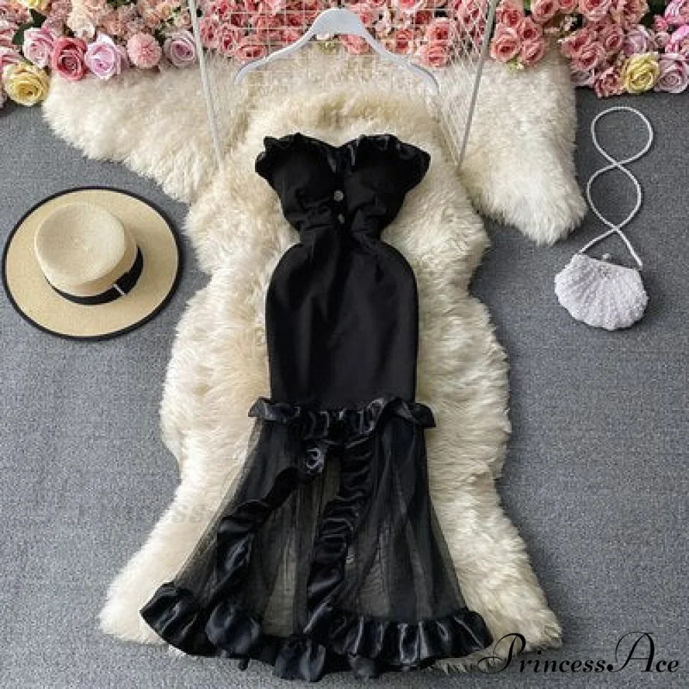 Women Sexy Female Dresses Patchwork Bodycon Strapless Gown Red Mesh Party Dinner Slim Strap Warm-Season Long Spaghetti Dress - Image 4