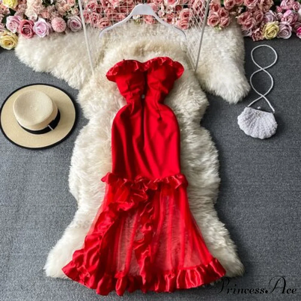 Women Sexy Female Dresses Patchwork Bodycon Strapless Gown Red Mesh Party Dinner Slim Strap Warm-Season Long Spaghetti Dress - Image 6