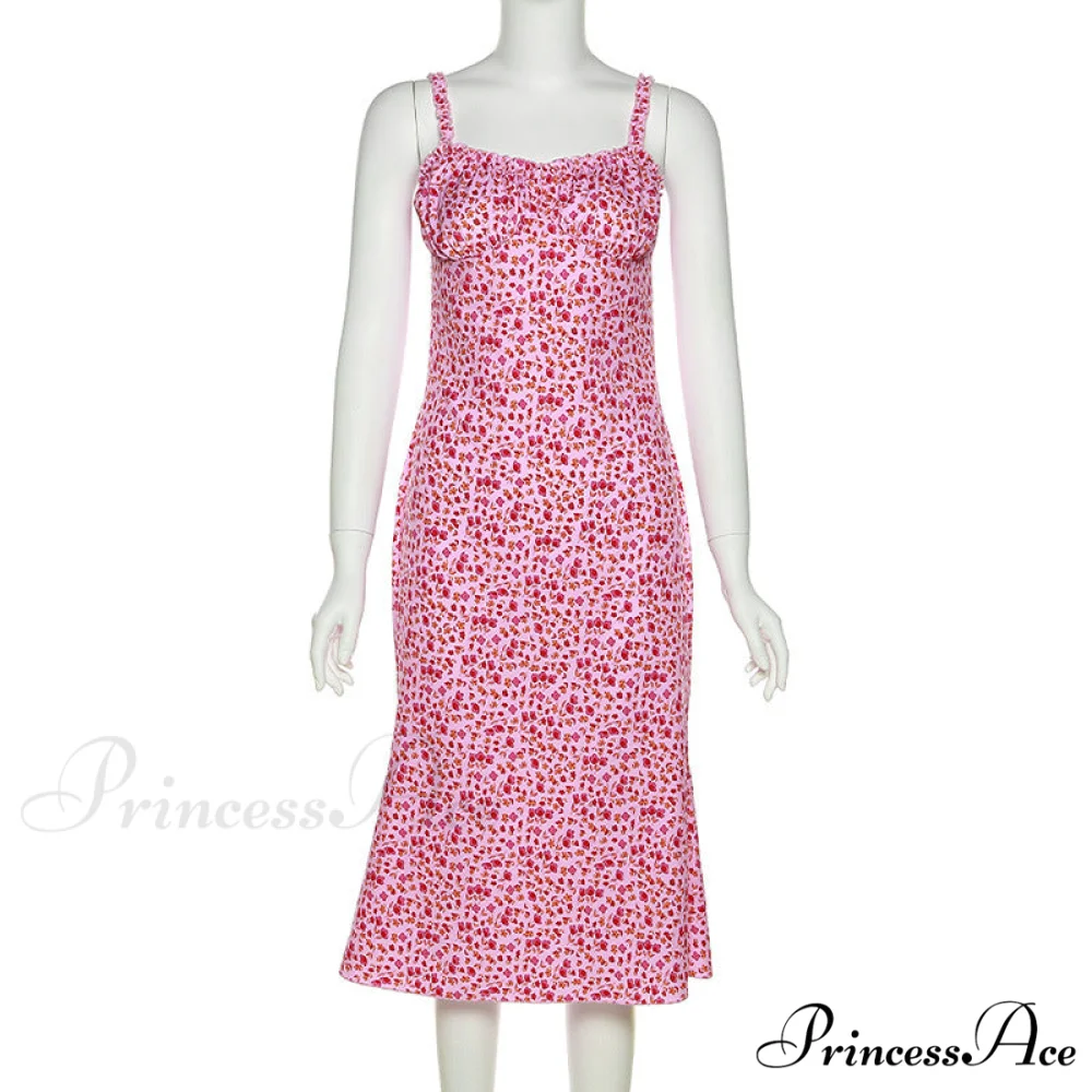 Straps and Design Flowered Warm-Season Long Bodycon Ruched Pink Coastal with Casual Gown Detail - Image 5