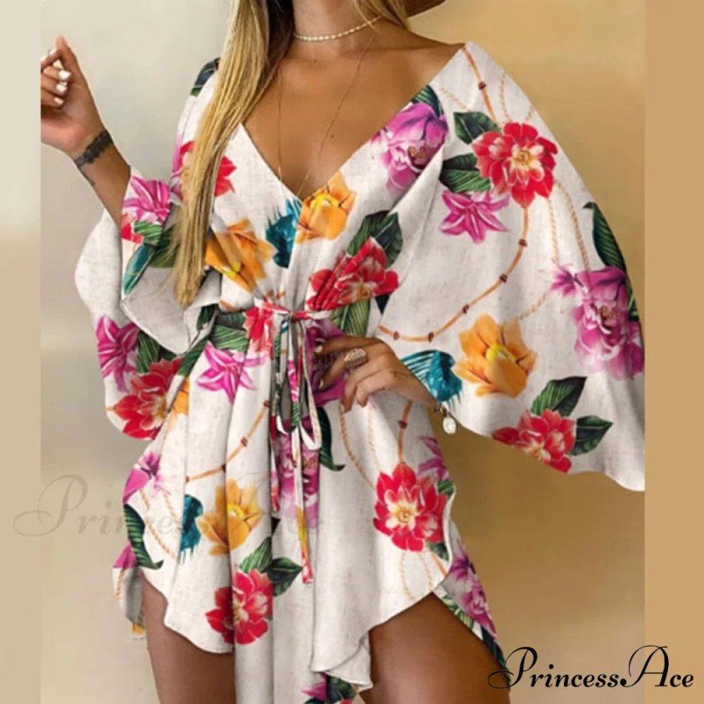 Sexy V-Neck Foliage Design Leopard Elegant Casual Harajuku Lady Arm Warm-Season Gown Mini Lace-Up Batwing Women Irregular Party Dress - Image 5