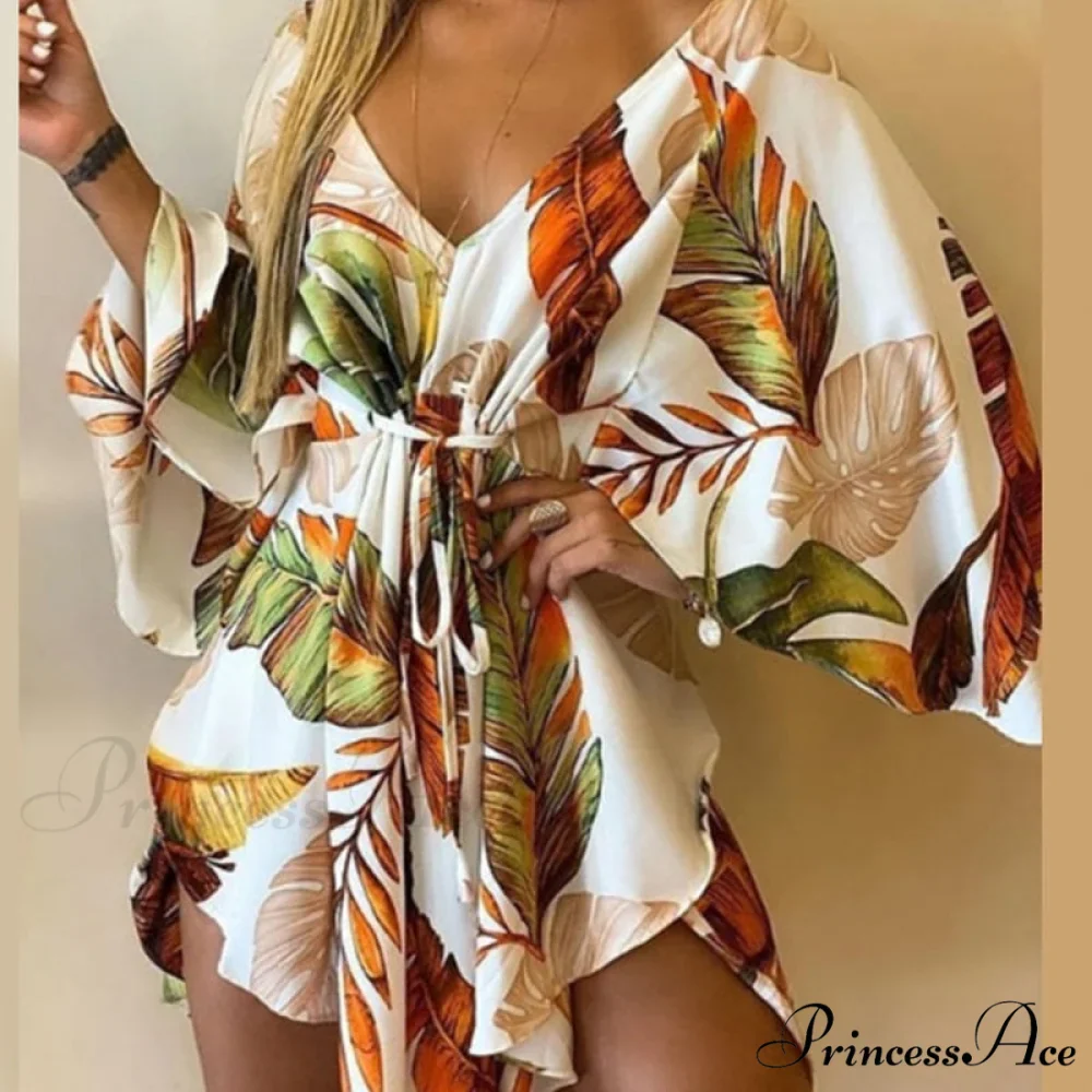 Sexy V-Neck Foliage Design Leopard Elegant Casual Harajuku Lady Arm Warm-Season Gown Mini Lace-Up Batwing Women Irregular Party Dress - Image 7