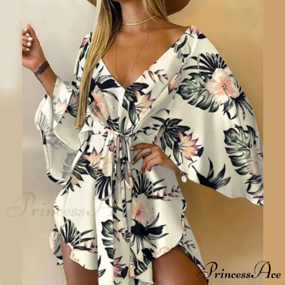 Sexy V-Neck Foliage Design Leopard Elegant Casual Harajuku Lady Arm Warm-Season Gown Mini Lace-Up Batwing Women Irregular Party Dress - Image 9