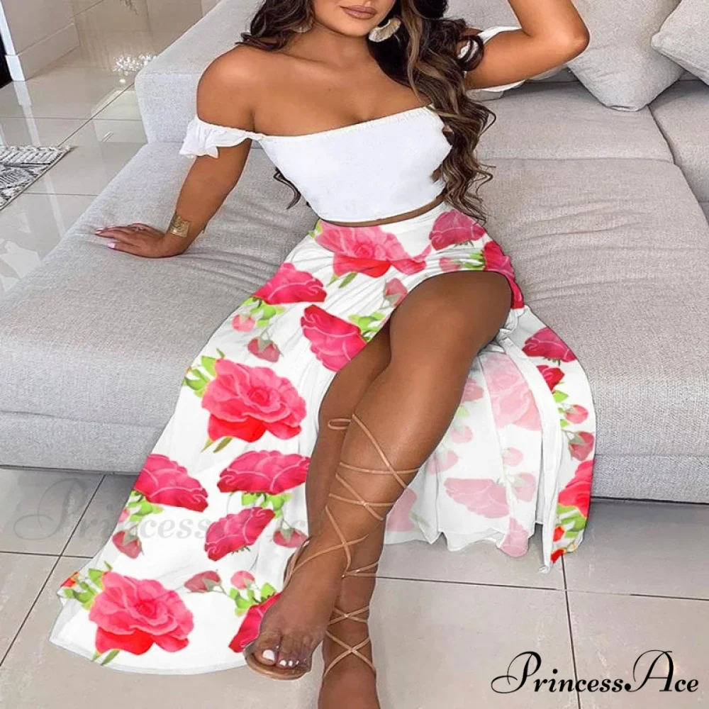 Women's Slash and - Long Warm-Season Top Slit Piece Spring with Shoulder Neck Set Two Off Flowered Party Gown Design Skirts - Image 10