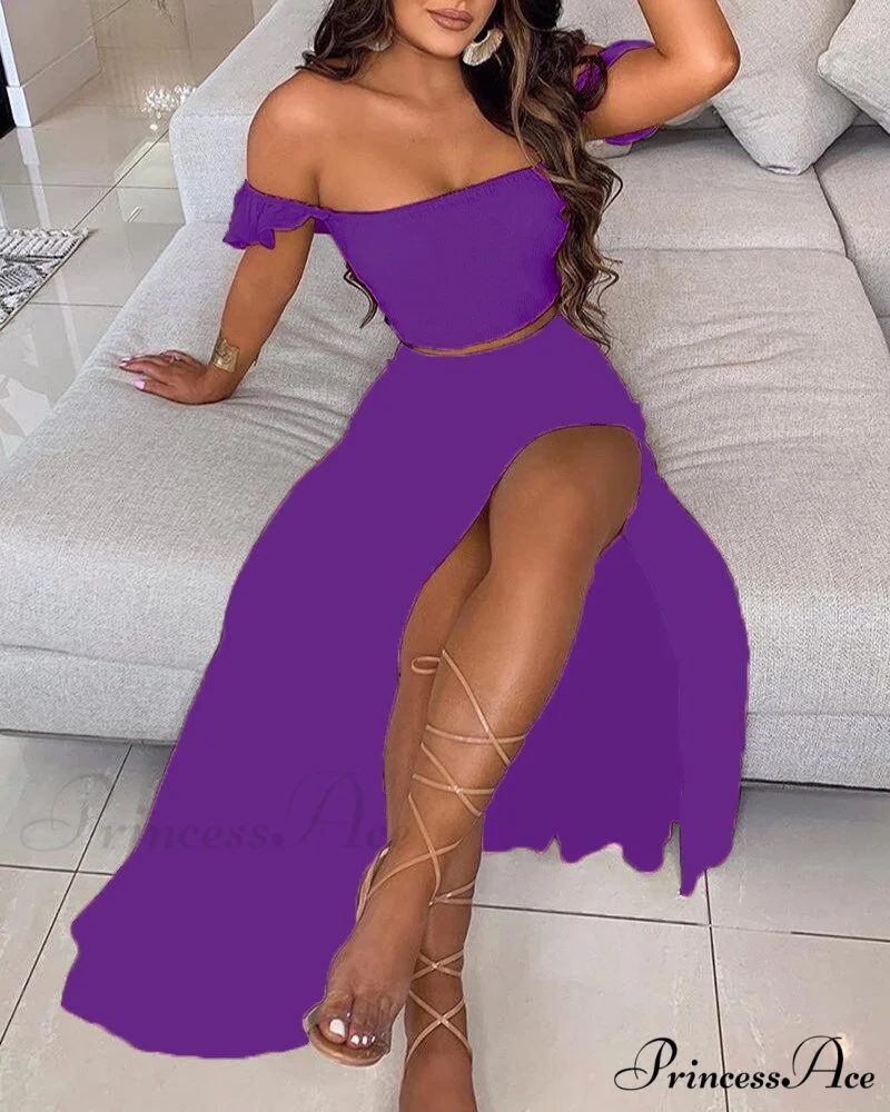 Women's Slash and - Long Warm-Season Top Slit Piece Spring with Shoulder Neck Set Two Off Flowered Party Gown Design Skirts - Image 12