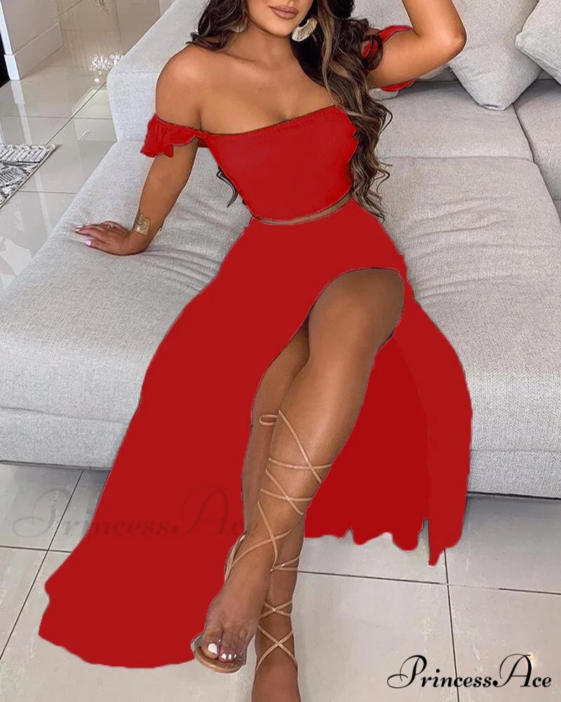 Women's Slash and - Long Warm-Season Top Slit Piece Spring with Shoulder Neck Set Two Off Flowered Party Gown Design Skirts - Image 13