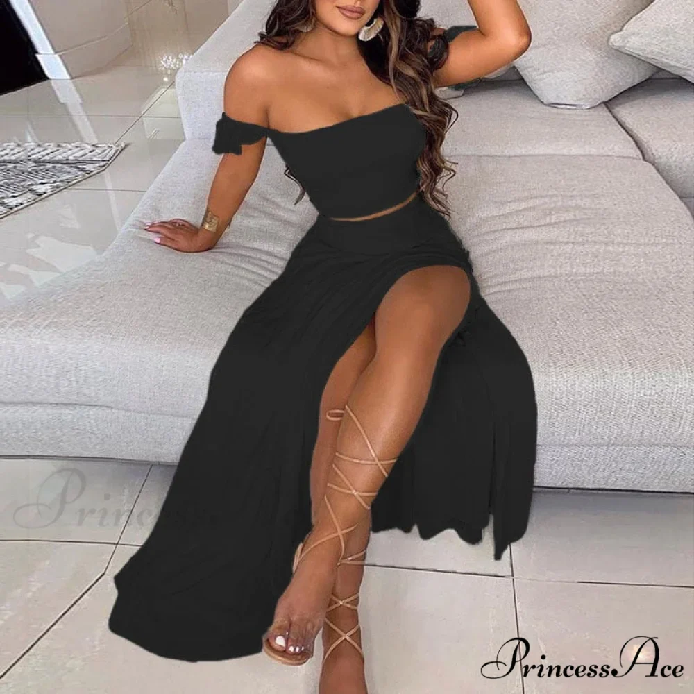 Women's Slash and - Long Warm-Season Top Slit Piece Spring with Shoulder Neck Set Two Off Flowered Party Gown Design Skirts - Image 14