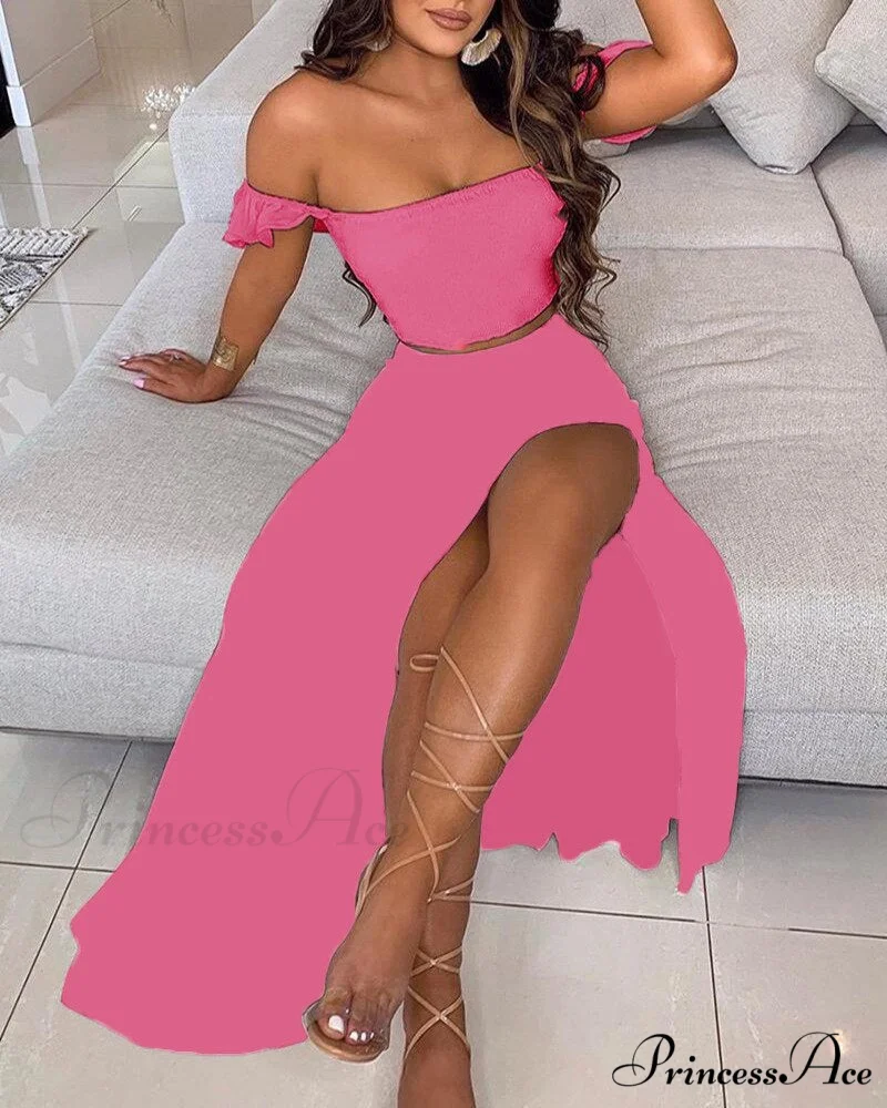 Women's Slash and - Long Warm-Season Top Slit Piece Spring with Shoulder Neck Set Two Off Flowered Party Gown Design Skirts - Image 17